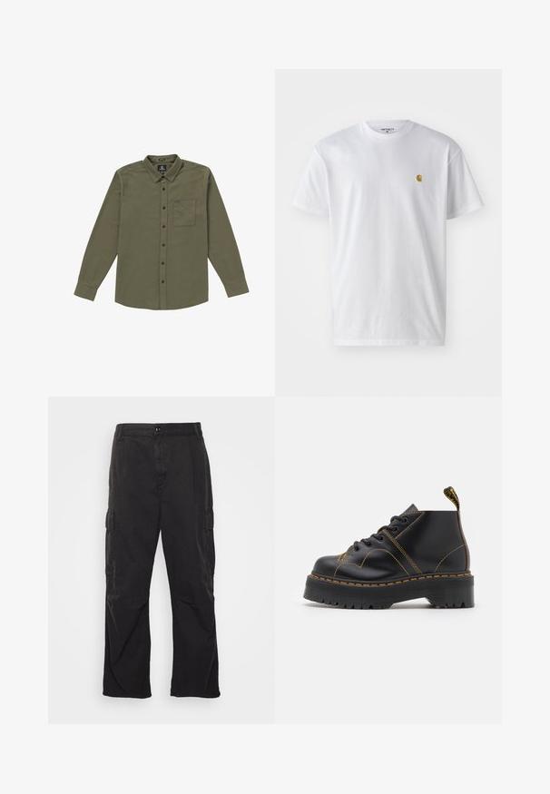 Herrskjorta med knappar i olivgrön. Tillverkad av mjukt tyg, med långa ärmar, en bröstficka och svarta knappar. Standard kragsdesign.; Vit bomullströja med korta ärmar, rund halsringning, med en liten guldlogotyp på vänster bröstområde. Mjuk textur och vanlig passform.; Svarta cargobyxor med rak bendesign, som har två sidofickor, ett knäppclosure och en strukturerad tyg.; Svarta ankelskängor med tjock, räfflad sula, kontrasterande gul söm och en dragflik vid klacken. Slätt skinnmaterial.