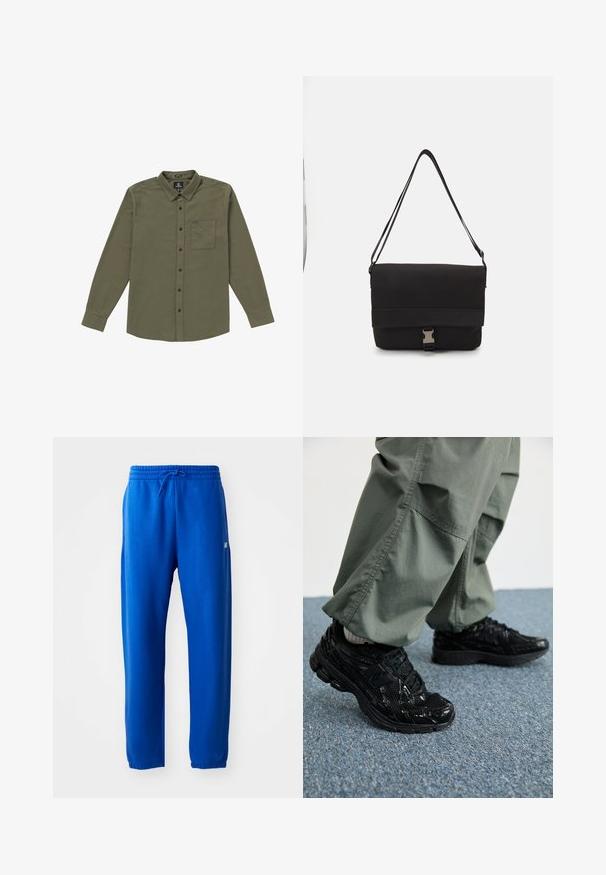 Camicia da uomo con bottoni di colore verde oliva. Realizzata in tessuto morbido, presenta maniche lunghe, una tasca sul petto e bottoni neri. Design del collo standard.; Pantaloni sportivi blu realizzati in tessuto morbido, con vita elasticizzata e cordino, gambe affusolate e un piccolo dettaglio del logo sul lato.; Sneaker atletici neri con texture lucida e in rete, dotati di una suola spessa e lacci, abbinati a pantaloni cargo larghi verde oliva.; Borsa a tracolla nera realizzata in materiale liscio, con un lembo pieghevole, hardware in metallo argentato e una tracolla regolabile.