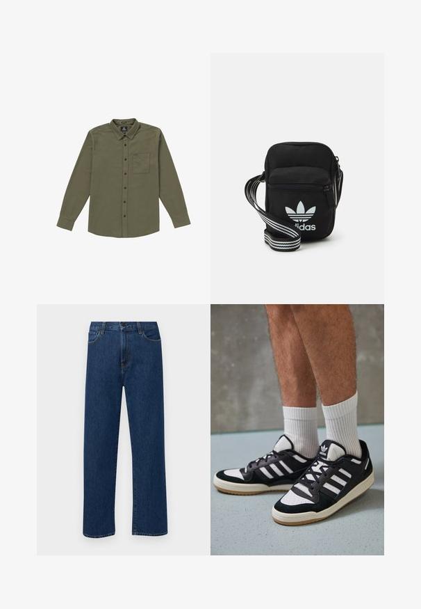 Chemise à boutons pour hommes de couleur vert olive. Fabriquée en tissu doux, elle comprend des manches longues, une poche poitrine et des boutons noirs. Conception à col standard.; Jean en denim bleu foncé à jambes droites, avec poches avant et fermeture à bouton, présenté sur un fond blanc uni.; Baskets noir et blanc avec une tige en suède et cuir, comportant trois rayures blanches, un bout perforé et une semelle en caoutchouc gum.; Sac bandoulière noir en tissu avec fermeture éclair, arborant un logo Adidas blanc et une sangle réglable rayée pour un port facile.