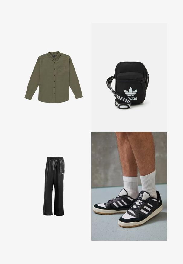 Camisa de hombre de botones en verde oliva. Hecha de tela suave, con manga larga, un bolsillo en el pecho y botones negros. Diseño de cuello estándar.; Pantalones de chándal sintéticos negros con cinturilla elástica, que presentan rayas laterales blancas y un pequeño logo blanco en la cadera izquierda.; Zapatillas en blanco y negro con parte superior de ante y cuero, que presentan tres franjas blancas, una puntera perforada y una suela de goma.; Bolso cruzado de tela negra con cierre de cremallera, que presenta un logo blanco de Adidas y una correa ajustable a rayas para un fácil transporte.