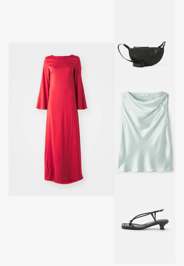 Világoskék selyem ujjatlan top, drapírozott cowl nyakkivágással és sima textúrával. A címke szerint "Tiger of Sweden 1993."; Hosszú piros ruha könnyű anyagból, bateau nyakkivágással és széles harangujjakkal. Sima textúra, egyenes sziluettel.; Fekete bőr szandál vékony pántokkal, alacsony blokk sarkú és négyzetes orrú. Csattal záródik és sima textúrájú.; Fekete bőr keresztpántos táska félhold formában, texturált felülettel, arany cipzárral és lapos pánttal. Kompakt kialakítás, amely a fontos dolgok számára alkalmas.