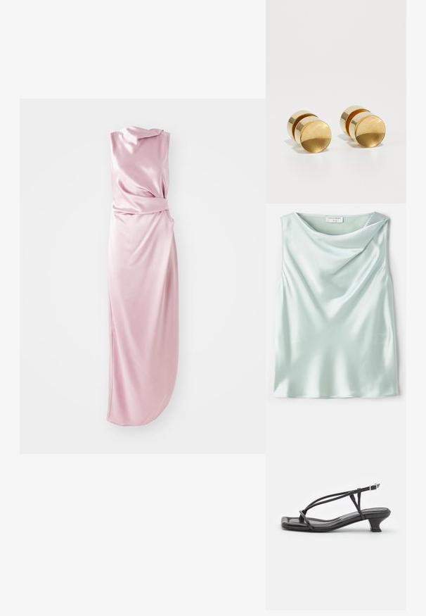 Svetle modré saténové bezrukávové tričko s drapovaným dekoltem a hladkým povrchem. Štítek uvádí "Tiger of Sweden 1993."; Hedvábný růžový šaty s drapováním, s uzlovým detailem v pase a bočním rozparkem pro lepší pohyb. Hladká textura.; Černé kožené sandály s tenkými pásky, nízkým blokovým podpatkem a čtveratou špičkou. Obsahují přezku a mají hladkou texturu.; Zlaté kovové náušnice s jednoduchým kulatým tvarem, mají hladký povrch a centrální leštěný pruh. Průměr je přibližně 1 cm.