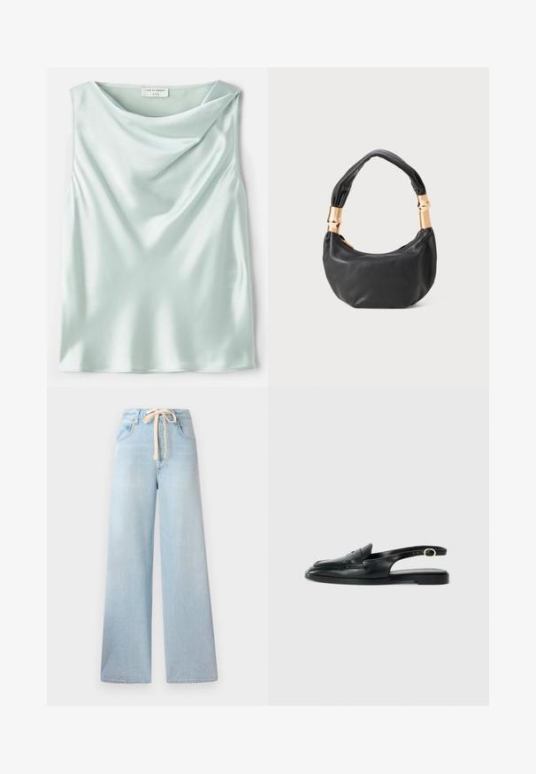 Világoskék selyem ujjatlan top, drapírozott cowl nyakkivágással és sima textúrával. A címke szerint "Tiger of Sweden 1993."; Világoskék, bő szárú farmernadrág, állítható derékpánttal és klasszikus öt zsebes dizájnnal, minimális kifakulással.; Fekete bőr szandál cipő, lekerekített orral, lapos talppal, oldalsó kivágással és aranyszínű díszítéssel ellátott pánttal.; Fekete bőr kézitáska kerek formával, puha textúrával és csomózott fogantyúval, aranyszínű fém díszítéssel. Cipzáras záródás.
