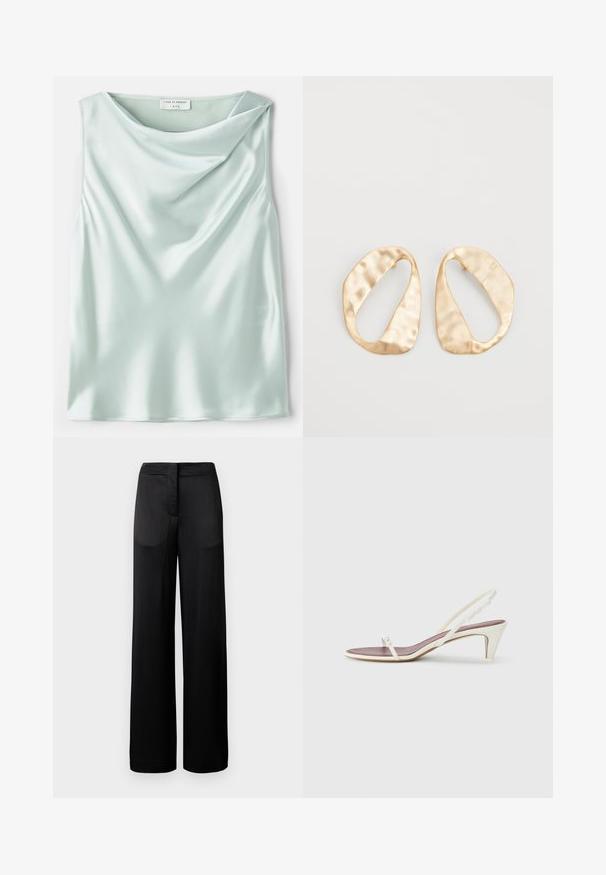 Šviesiai mėlynas satino be rankovių topas su drapiruotu apykaklės iškirpimu ir lygiu paviršiumi. Etiketėje parašyta "Tiger of Sweden 1993."; Plati juodų kelnių, turinčių tekstūruotą paviršių, su lygiu juosmeniu ir dviem šoninėmis kišenėmis. Audinys atrodo lengvas ir plazdantis.; Baltos slingback šlepetės su lengvu kulnu, plonais dirželiais ir lygia odos tekstūra; turi mažą dekoratyvinę sagtelę.; Nedidelis nereguliarus ovalo formos aukso tono metalinių auskarų pora su tekstūruota, šiek tiek kalta paviršiumi ant balto fono.