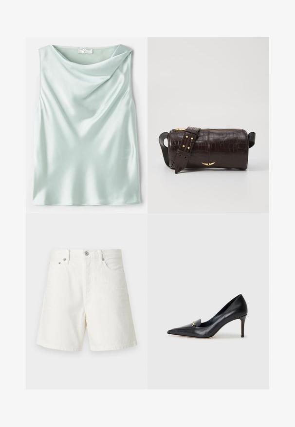 Top fără mâneci de satin albastru deschis, cu un decolteu din drapaje și o textură netedă. Eticheta spune "Tiger of Sweden 1993."; Șorturi din denim alb cu croi drept, design cu cinci buzunare, închidere cu nasture în față, elemente de metal argintii și detalii cusute.; Pantof cu toc din piele neagră, cu vârf ascuțit, decolteu adânc și un accent decorativ auriu. Prezintă un toc stiletto și o textură netedă.; Geantă din piele căptușită cu un model de crocodil de culoare maro, cu o formă cilindrică, accesorii de culoare aurie și un curea detasabilă cu tăieturi.