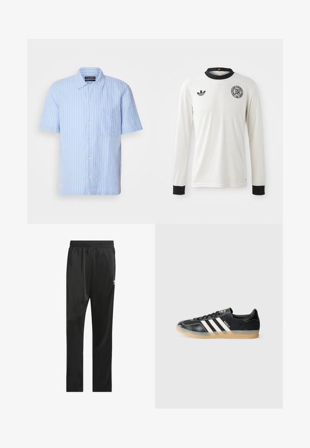 Marc O'Polo CAMP COLLAR SHORT SLEEVES ONE RECTANGULAR CHEST POCKET SLITS AT SIDE SEAMS - Košeľa - multi homestead blue; Biela futbalová dlhá rukávová dres s ryhovanou textúrou, čiernym golierom a manžetami, s čiernym logom Adidas a kruhovou grafickou emblémou.; Čierne športové nohavice vyrobené z hladkého, ľahkého materiálu. Obsahujú elastický pás a biele bočné pruhy s logom na stehne.; Čierne športové tenisky s bielymi pruhmi, textilný povrch, hladký kožený špička a gumená podrážka. Obsahuje logo na jazyku.