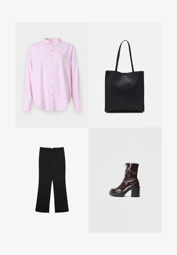 Svetlo roza majica z dolgimi rokavi, ki ima vertikalne bele črte, ovratnik in sprednje zapiranje na gumbe, ki izgledajo kot biseri.; Črne hlače ravnega kroja z naglavnimi žepi in stranskimi razporki na robu. Narejene iz mehke, gladke tkanine. Primerne za različne priložnosti.; Sijajan škrlatank z bleščečim videzom, z masivnim črnim peto, ki se ponaša z gladko teksturo in preprostim dizajnom. Brez vidnih zapenjal ali vzorcev.; Črna usnjena torba s svilnato teksturo, pravokotne oblike in dvema dolgima ročajema. Brez vidnih metalnih delov ali okrasnih elementov.