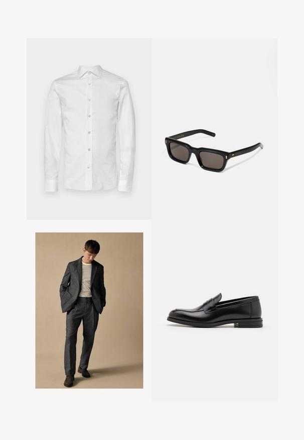 Camisa de algodón blanca de manga larga con cuello clásico, tapeta de botones en la parte delantera y puños con botón. Textura suave y corte entallado.; Traje gris a medida con solapas en forma de muesca y bolsillos frontales, combinado con una camisa a rayas. Los pantalones tienen un corte relajado y pliegue. Zapatos marrones.; Mocasines de cuero negro con una textura suave, puntera redondeada y una tira decorativa en el empeine. Tacón bajo apilado, diseño minimalista.; Gafas de sol rectangulares negras con lentes oscuros, marco de plástico grueso, acentos dorados en las patillas y logotipo de la marca grabado en el brazo.