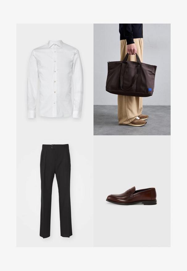 Camicia bianca in cotone a maniche lunghe con colletto classico, patta dei bottoni frontale e polsini con bottone. Tessuto liscio e vestibilità sartoriale.; Pantaloni neri su misura con design a gamba dritta, due tasche anteriori e chiusura a doppio bottone in vita. Tessuto dalla finitura liscia.; Mocassini in pelle marrone con punta arrotondata, dettagli in fascia frontale e tacco basso impilato. Texture liscia con pochi decorazioni.; Borsa a spalla in nylon marrone con doppio manico, chiusura con zip e patch logo blu. Texture liscia, design strutturato, interno spazioso.