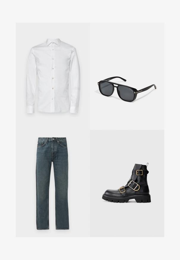 Balta ilga rankovė medvilninė marškiniai su klasikiniais apykakle, mygtukų užsegimu priekyje ir mygtukais apykaklės gale. Pirmo lygio tekstūra ir pritaikytas fasonas.; Tamsiai mėlyni džinsai su tiesiomis kojomis, turintys penkis kišenes, mygtuko uždarymą ir kontrastingus siuvimo akcentus.; Juodas odinis aukštakulnis batsiulis su keliomis auksinėmis sagtelėmis, storu juodu guminiu padu, apvaliu pirštu ir sustiprintu kulnu. Yra vilkimo kilpelė.; Juodos kvadratinės akiniai nuo saulės su pilkais lęšiais, turintys stilingus auksinius akcentus ant kojelių ir matinį rėmą, suteikiantį šiuolaikišką išvaizdą.