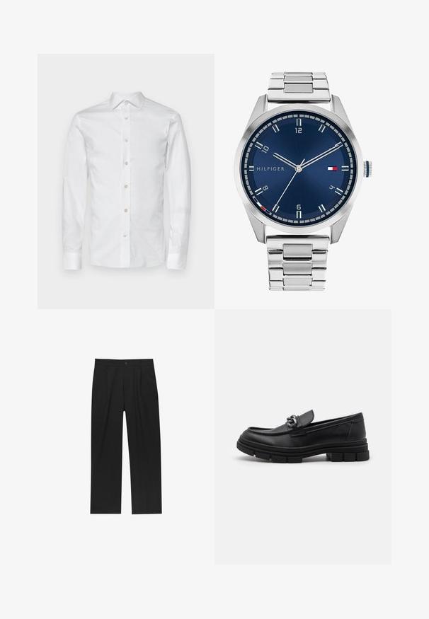 Witte katoenen blouse met lange mouwen, een klassieke kraag, een voorste knoopsluiting en knoopmanchetten. Soepele textuur en getailleerde pasvorm.; Zwarte broeken met een recht model, gemaakt van een gladde stof. Voorzien van een voorplooien en een enkele knoopsluiting bij de taille.; Zwarte leren instapper met een ronde neus, een decoratieve band en hardware, en een chunky, gestructureerde zool. Glad afwerking met subtiele details.; Zilveren metalen horloge met een geborstelde blauwe wijzerplaat, witte uurmarkeringen en een datumweergave. Voorzien van een geschakelde metalen band en het logo van het merk.; Zilveren ketting met dikke schakel en een centraal ronde hanger met ingewikkelde details. Gladde, reflecterende metalen oppervlakte.