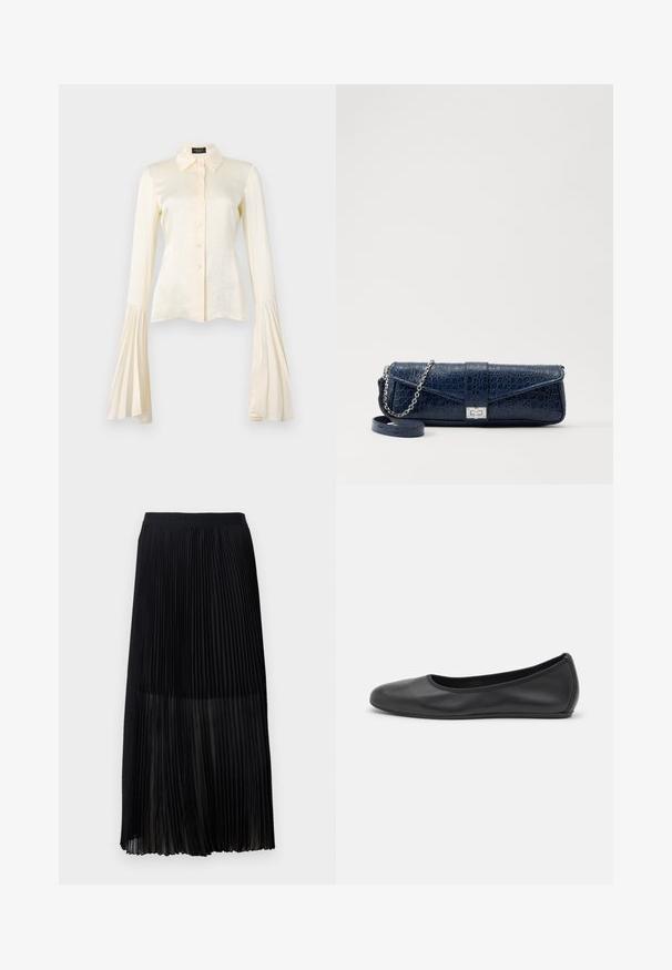 Kremo spalvos ilgomis rankovėmis palaidinė su sagų užsegimu, apykaklės iškirpte ir klostuotomis varpo formos rankovėmis. Lygi satino medžiaga su subtilia tekstūra.; Juoda plisėta midi sijonas su lygiu, elastingu juosmeniu ir permatomu užklotu, turintis smulkius vertikalius plišius per visą audinį.; Juodai odiniai baletai su apvaliu pirštu, lygi texture, minimalus siuvimo detales ir lanksčiu padų dizainu.; Tamsiai mėlynas odinis rankinukas su krokodilo raštu, sidabro spalvos grandinėlė ir metalinis užsegimas. Stačiakampio formos, užlenkiamas dizainas.