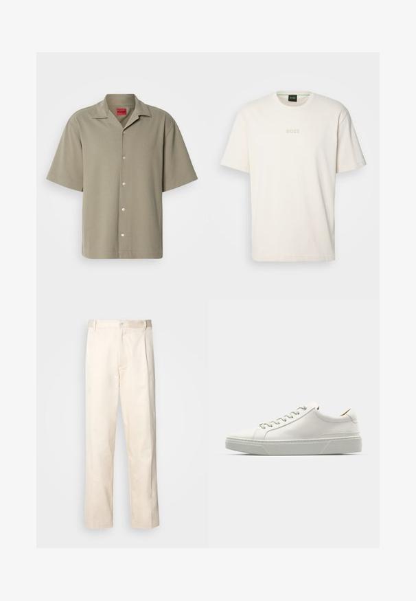 Košulja boje khaki s kratkim rukavima, dugmadima sprijeda, mekom teksturom, ovratnikom s izrezom i ugraviranim logom. Klasičan dizajn s opuštenim krojem.; BOSS TEE - Osnovna majica kratkih rukava - open white; Bežaste pamučne hlače ravnog kroja s kopčanjem na dugme i plisiranjima sprijeda za dodatni detalj.; Bijela kožna tenisica s zaobljenim vrhom, minimalističkog dizajna, sivo vezice i teksturiranim sivim gumom potplatom. Vidljive su suptilne detalje šivanja.
