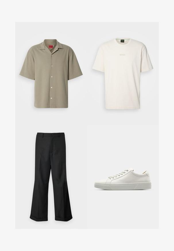 Krátkozrazová khaki košeľa s gombíkovým zapínaním, mäkkou textúrou, klopeným golierom a embosovaným logom. Klasický dizajn s voľným strihom.; BOSS TEE - Základné tričko - open white; Čierne nohavice s širokými nohavicami a gombíkovým pásom, s manžetami na koncoch, vystavené na jednoduchom bielom pozadí.; Biele kožené tenisky s okrúhlou špičkou, minimalistickým dizajnom, šedými šnúrkami a štruktúrovanou šedou gumovou podrážkou. Viditeľné jemné švy.