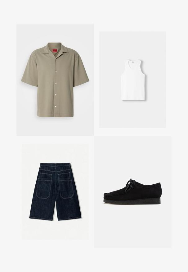 Srajca s kratkimi rokavi v khaki barvi z gumbi spredaj, mehka tekstura, ovratnik z rezejo in vtisnjenim logotipom. Klasična zasnova z udobnim krojem.; Bela bombažna majica brez rokavov z okroglo izrezom, širokimi naramnicami in ravnim robom, ki se ponaša z gladko teksturo in brez vidnih vzorcev.; Temno modri jeans kratke hlače ohlapnega kroja, z dvema zadnjima žeprakoma, kontrastnim šivanjem in ravnim krojem. ; Črne semiš čevlje z zaobljenim nosom, vezanjem spredaj in teksturiranim črnim gumijastim podplatom. Gladka zgornjost z diskretnimi šivi.