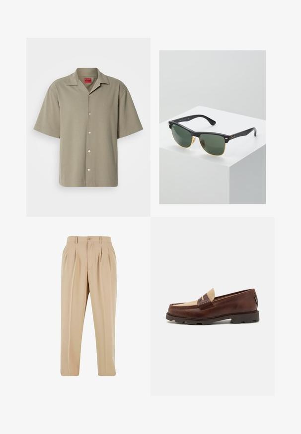Rövid ujjú khaki ing gombos előlappal, puha textúrával, bemélyedő gallérral és dombornyomott logóval. Klasszikus dizájn, laza szabással.; Fehér pamut ujjatlan felső kerek nyakkivágással, széles vállpántokkal és egyenes szegéllyel, sima textúrával, látható minták nélkül.; Beige, pliszírozott nadrág, egyenes lábformával, sima anyagból készült, gombos záródással és övhurkokkal a derékrészen.; Barna bőr loafer cipők taupe vászon díszítéssel, varrott részletekkel és texturált gumi talppal, amely a kényelemről és tartósságról gondoskodik.; Ray-Ban napszemüveg zöld lencsékkel, fekete műanyag kerettel és arany díszítéssel a széleken. Négyzet alakú, matt felülettel.