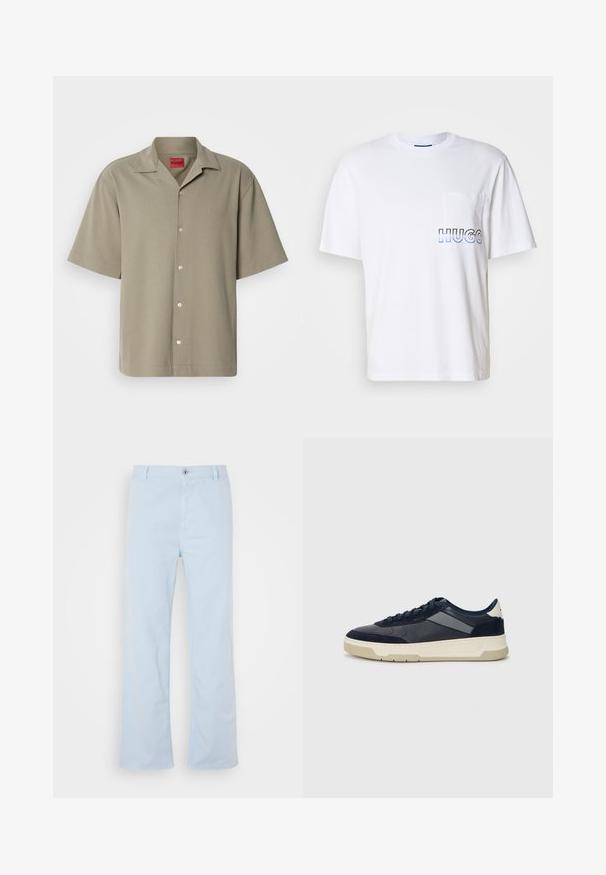 Īsām piedurknēm khaki krekliņš ar pogu priekšpusi, mīksta auduma, ar iegriezumu pie apkakles un iegrieztu logo. Klasisks dizains ar brīvu piegriezumu.; Balta kokvilnas t-kreklā ar īsām piedurknēm, ar kreisajā krūtī novietotu kabatu un vārdu "HUGO" zila toņa pārejas drukā.; Gaiši zili kokvilnas bikses ar taisnu griezumu, priekšējo pogu aizdari un sānu kabatām. Gluda tekstūra un minimālas šuvju detaļas.; BOSS BALTIMORE - Sporta apavi - open blue