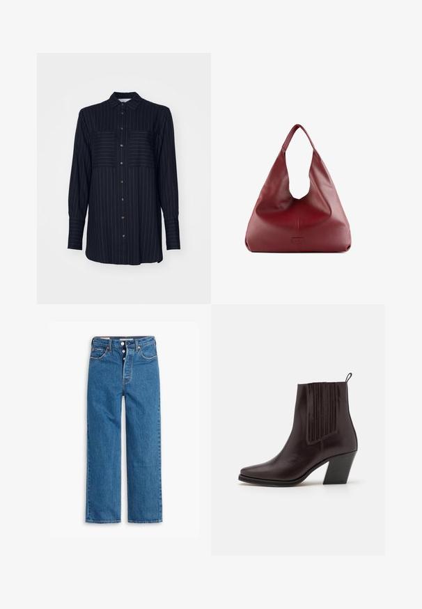 Granatowa koszula z guzikami, w pionowe białe paski, z dwiema kieszeniami na piersi i długimi rękawami. Posiada klasyczny kołnierz i metalowe guziki.; Niebieskie dżinsy o prostym kroju i wysokim stanie, z pięcioma kieszeniami i zapięciem na guziki. Widoczne szwy i miedziowane nity.; Ciemnobrązowy skórzany botek za kostkę z zakończeniem w szpic, pionowym żłobieniem po bokach oraz średniej wysokości słupkowym obcasem.; Czerwona skórzana torebka hobo o szerokim, luźnym kształcie i dużym otwarciu, z subtelną teksturą i wytłoczonym logo z przodu.