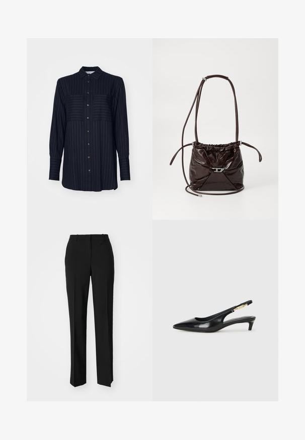 Navy blue button-up shirt with vertical white stripes, two chest pockets, and long sleeves. Features a classic collar and metallic buttons.; Black tailored trousers with a straight-leg design, featuring a smooth texture and crisp creases along the front. No visible hardware.; Black leather slingback heels with a pointed toe, featuring a slim heel and a gold-tone accent on the adjustable strap. Smooth texture.; Dark brown shiny leather shoulder bag with gathered top and thin adjustable strap, featuring a small silver-tone clasp detail on front.