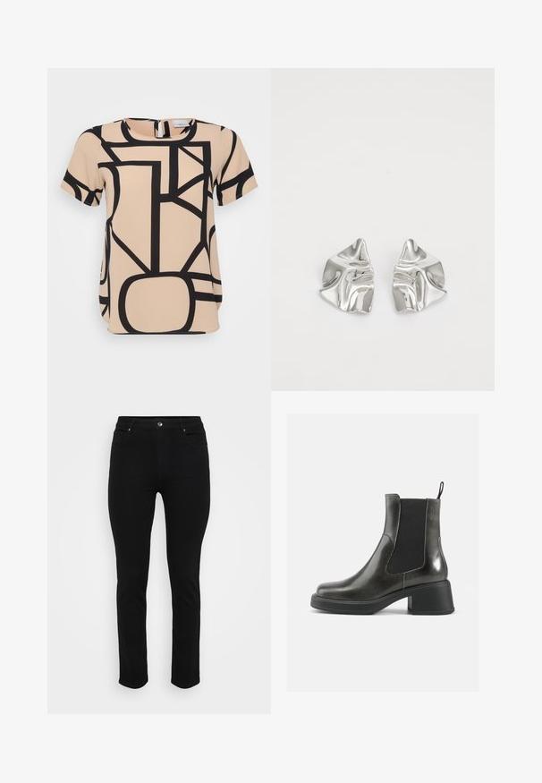 Bežinė trumpa rankovė palaidinė su drąsiais juodais geometriniais raštais. Apskritas kaklo iškirpimas su užtrauktuku nugaroje. Lygus, tekstūruotas audinys.; Juodi džinsai su siauru pasisekimu, penkių kišenių dizainu, priekiniais užsegimais ir šiek tiek tampri, kad būtų patogiau. Lygus, švelnus paviršius su minimaliais dekoratyviais elementais.; Juodos odinės kulkšninių botai su lygia apdaila, elastingais šonais ir storu kulnu. Yra vilkimo kilpa, skirta patogesniam apsiaustui.; Sidabriniai metaliniai Auskarai su banginiu, skulptūriniu dizainu, pasižymintys poliruotu paviršiumi ir nereguliariomis formomis, išryškinančiomis šiuolaikišką estetiką.