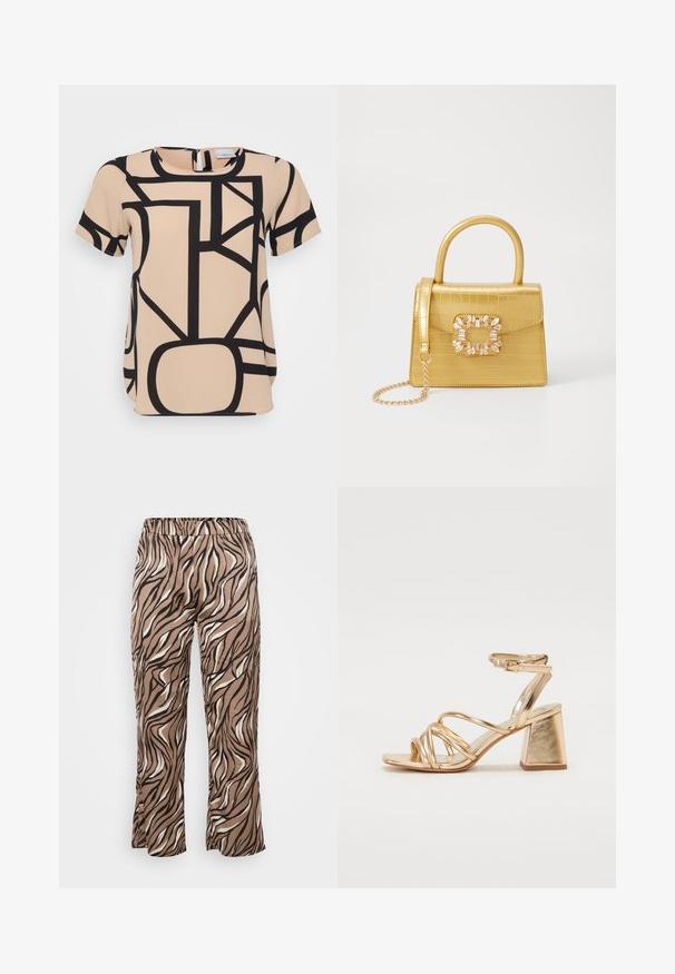 Beige, rövidujjú felső, szembetűnő fekete geometriai mintákkal. Kerek nyakkivágás, hátul cipzárral. Sima, texturált anyag.; Barna és krémszínű zebra-mintás nadrág, rugalmas derékkal, széles lábbetétekkel és sima szövettextúrával.; Arany fémes sarkú szandál, mely jellemzője a pántos dizájn, négyzet alakú blokk sarok és állítható bokaheveder csattal. Sima textúra.; Sárga műbőr krokodil mintás kézitáska strukturált kialakítással, felső fogantyúval, leválasztható lánccal és díszes kristály díszítéssel a záron.