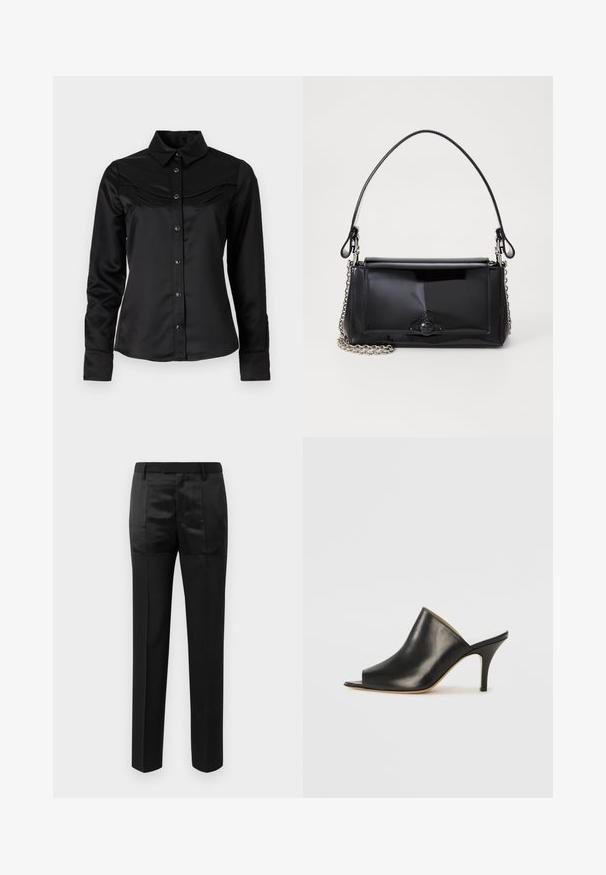 Črna satenasta srajca z gumbi na sprednji strani, pointed ovratnikom in zahodnjaškim jermenom ter dvema žepoma na prsih. Dolgi rokavi s manšetami.; Črne krojene hlače s ravnimi nogami in pasom z zankami za pas, ki vsebujejo mešanico mat in sijočih tkaninskih panelov.; Črne usnjene mule z odprtim prstom, z elegantno, ukrivljeno zasnovo, visokim stiletto peto in gladko teksturo. Notranjost je v kontrastni svetli barvi.; Črna lakirana usnjena torbica pravokotne oblike, s verižnim trakom in značilnim kovinskim detajlom na sredini. Gladka textura.