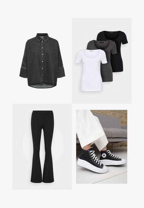 Schwarze Jeanshemd mit Knopfleiste, spitzem Kragen, Dreiviertelärmeln und floralen Ausschnitten, die mit Perlen verziert sind.; Drei figurbetonte T-Shirts in Weiß, Grau und Schwarz. Jedes hat einen weiten Rundhalsausschnitt und kurze Ärmel. Hergestellt aus glattem, elastischem Stoff.; Schwarze, ausgestellte Hosen aus dehnbarem Material mit hohem Bund und glatter Textur. Die Hose weitet sich ab dem Knie.; Schwarze Canvas-Hochtop-Sneakers mit weißen Gummisohlen und Schnürsenkeln. Mit einem runden Logo an der Seite und kontrastierendem weißen Nähten.