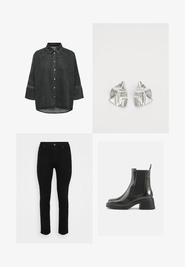 Camicia in denim nero con bottone frontale, colletto a punta, maniche a tre quarti e decorazioni intagliate floreali impreziosite da perline.; Jeans in denim nero con vestibilità slim, design a cinque tasche, chiusura anteriore a bottone e leggero stretch per un maggiore comfort. Texture piatta e liscia con dettagli minimi.; Stivali alla caviglia in pelle nera con una finitura liscia, pannelli laterali elastici e un tacco robusto. Presentano una linguetta per facilitare l'inserimento.; Orecchini in metallo argento con un design ondulato e scultoreo, caratterizzati da una finitura lucida e forme irregolari, che evidenziano un'estetica contemporanea.