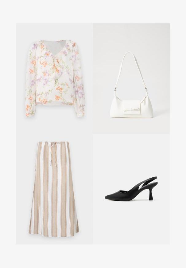 Blouse florale en tissu léger, avec un col en V, un devant froncé, des manches longues et un fond blanc parsemé de fleurs orange et violettes.; Jupe rayée blanche et marron clair, dotée d'une taille à cordon de serrage et d'une coupe longue et fluide. Fabriquée en tissu léger avec une coupe décontractée.; Talons hauts noirs à bride arrière avec un bout pointu, en cuir lisse. Présente un design à découpes et un talon robuste et effilé.; Sac à main synthétique blanc en forme triangulaire, avec un rabat avant plat et un détail en nœud, une bandoulière ajustable, une texture lisse et un design minimaliste.