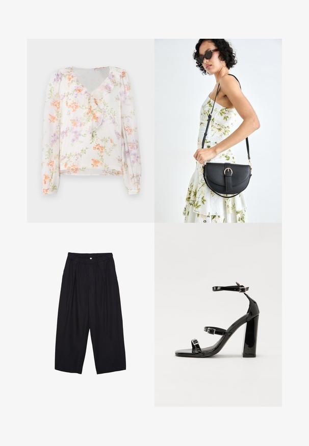 Floral blouse made of lightweight fabric, featuring a V-neck, ruffled front, long sleeves, and a white background with orange and purple flowers.; Black polyester culotte pants with an elastic waistband, two front pleats, and a loose silhouette. No visible patterns or hardware details.; Black patent heeled sandals with a square toe, ankle straps, and silver buckles. Features a chunky block heel for stability.; Black leather handbag with a curved shape, detachable strap, and gold hardware. The bag features a flap with a buckle detail.