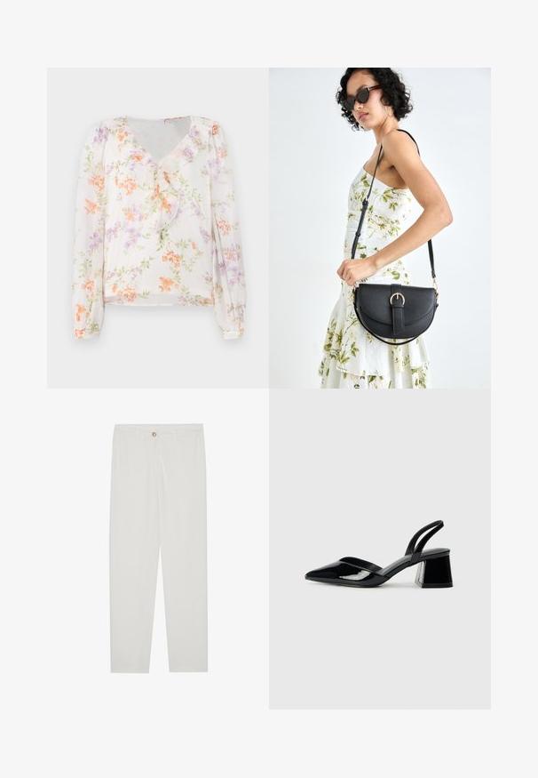 Gėlių bluzonė, pagaminta iš lengvos medžiagos, su V formos iškirpte, raukšlėta priekiu, ilgomis rankovėmis ir balta fono spalva, puošiančia oranžinėmis ir violetinėmis gėlėmis.; Baltos, pritaikytos kelnės su tiesaus kirpimo dizainu, su sagčių uždarymu, dirželių kilpomis ir šoninėmis kišenėmis; lygus audinio tekstūros.; Juodos lakuotos odinės šlepetės su smailiu pirštu ir geometriniu bloko kulnu. Turi elegantišką, minimalistinį dizainą ir lygų paviršių.; Juodas odinis krepšys su išlenkta forma, nuimamu dirželiu ir auksiniais detalėmis. Krepšys turi kilpą su sagtimi.