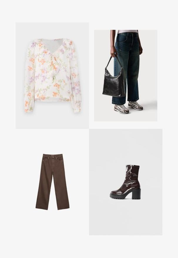 Blumenbluse aus leichtem Stoff, mit V-Ausschnitt, Rüscheneinsatz vorne, langen Ärmeln und einem weißen Hintergrund mit orangefarbenen und lila Blumen.; Weite braune Jeans aus Denim, mit hoher Taille, Fronttaschen und klassischem Knopfverschluss. Glatte Textur mit feinen Nähten.; Glatte bordeauxrote Ankle Boots mit einem klobigen schwarzen Absatz, die eine glatte Oberfläche und ein einfaches Design aufweisen. Keine sichtbaren Verschlüsse oder Muster.; Schwarze Leder-Schultertasche mit glatter Textur und verstellbarem Riemen, kombiniert mit ausgewaschenen weit geschnittenen Jeans und sportlichen Sneakern.