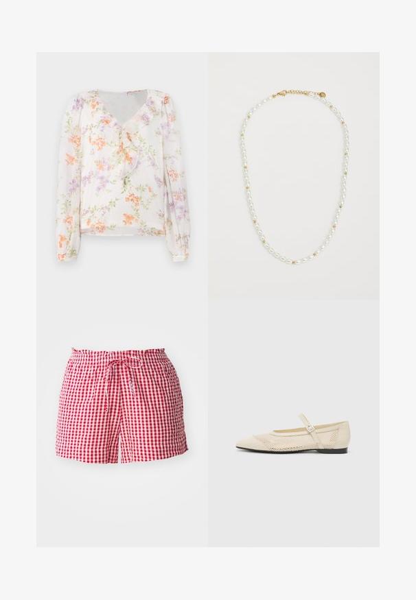 Floral blouse made of lightweight fabric, featuring a V-neck, ruffled front, long sleeves, and a white background with orange and purple flowers.; Red and white checked shorts with an elastic waistband and drawstring, featuring a lightweight fabric and relaxed fit.; Beige ballet flats with a pointed toe, a mesh design overlay, and a side buckle strap. Flat sole with a smooth texture.; Pearl necklace with alternating white oval pearls and small gold beads, featuring a gold clasp for fastening. Smooth texture overall.