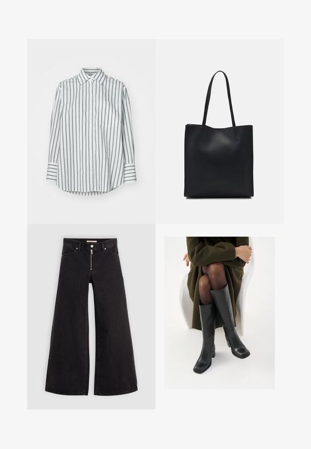 GAP BIG STRIPES BIG CUFF BIG COLLAR - Cămașă - green; Jeans cu picioare largi din denim negru, cu fermoar în față, design cu cinci buzunare și detalii subtile de cusătură. Textură netedă și stil casual.; Cizme din piele neagră, până la genunchi, cu vârf pătrat și toc bloc, prezentate pe un model așezat într-o haină verde măsline. Textură netedă, detalii minime.; Geantă tote neagră din piele, cu textură netedă, formă rectangulară și două mânere lungi. Fără hardware vizibil sau ornamente.