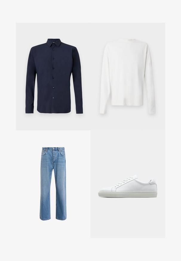Marineblauw shirt met lange mouwen, gemaakt van een gladde stof, met een knoopsluiting aan de voorkant, een gestructureerde kraag en donkere knopen voor contrast.; Witte katoenen blouse met lange mouwen en een ronde halslijn, met zijsplitten aan de onderkant en een gladde textuur, vanuit de achterkant weergegeven.; Lichtblauwe denim jeans met een straight-leg ontwerp, vijf zakken, knoopsluiting, minimale vervaging en contrasterende stikseldetails.; Witte sneaker met een gladlederen bovenwerk en een laag profiel. Voorzien van een ronde neus, zes vetergaatjes en een gestructureerde rubberen zool.