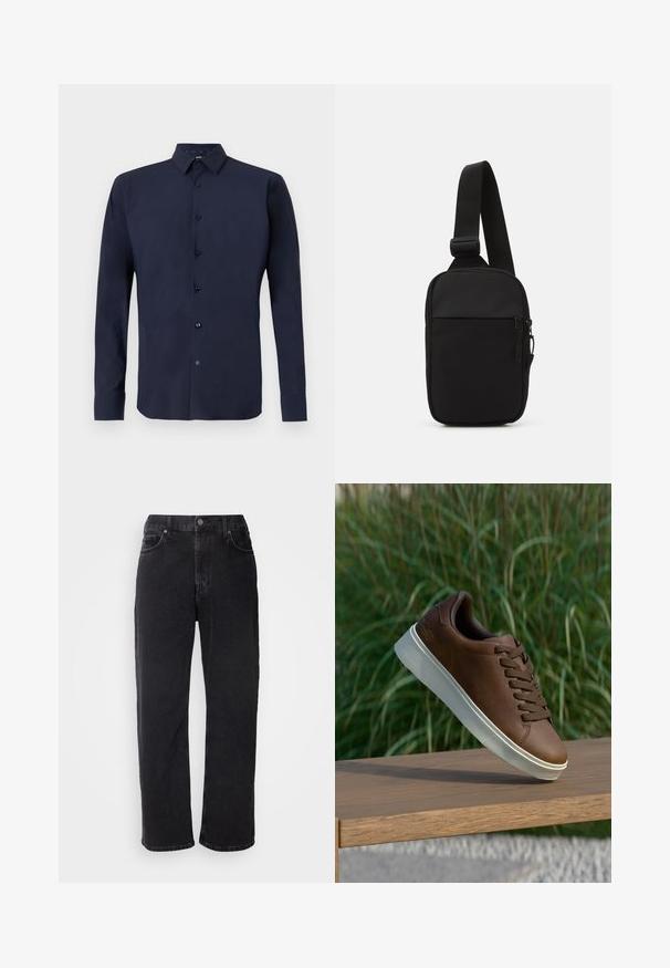 Camicia a manica lunga blu navy realizzata in tessuto morbido, con chiusura a bottoni, colletto strutturato e bottoni scuri per contrasto.; Jeans in denim nero con taglio dritto, cinque tasche e cuciture a contrasto. Presentano una chiusura con bottone e passanti per cintura sulla vita.; Sneaker in pelle marrone con suola in gomma bianca, punta arrotondata e lacci marroni. Grip testurizzato sulla suola e finitura liscia sulla parte superiore.; Borsa a tracolla nera realizzata in tessuto resistente, con una singola tracolla regolabile, un compartimento principale con zip e una tasca frontale.