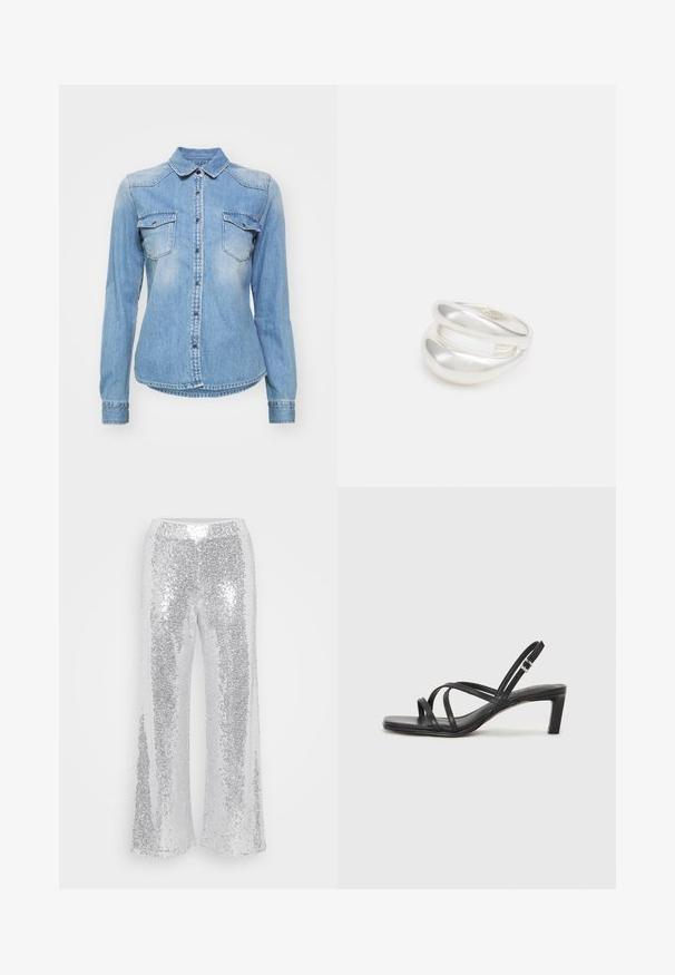 Šviesiai mėlyna džinsinė marškinė su ilgomis rankovėmis, dviem krūtinės kišenėmis ir aplink kaklą. Yra nudilimų ir kontrastingi siūlai.; Sidabriniai pailgi pločio kelnės su aukštu juosmeniu. Audinys žiba ir atspindi šviesą, turi lygų, blizgų paviršių.; Juodi šlepetės su kvadratiniu pirštu ir žemu bloku kulnu. Yra keli ploni dirželiai ir reguliuojamas kulkšnies diržas. Pagaminti iš lygios odos.; Sidabrinis dvigubas žiedas su lygiu, poliruotu paviršiumi. Pasižymi sklandžiu, kreiptu dizainu su persipinančiomis dalimis, suteikiančiomis modernų išvaizdą.