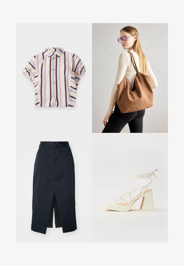 Koszula krótki rękaw, z kołnierzykiem, w pionowe paski w kolorach beżowym, niebieskim i bordowym. Z przodu zapinana na guziki. Materiał mieszanka bawełny.; Ciemnoniebieska midi spódnica wykonana z mieszanki bawełny, z rozcięciem z przodu, ukrytym zamkiem błyskawicznym i kieszeniami po bokach dla większej funkcjonalności.; Biała sandał na wysokim obcasie z masywnym słupkiem, z paskowym wzorem i wiązaniem przy kostce. Gładka faktura z platformą z przodu dla dodatkowej wysokości.; Brązowa torebka typu tote wykonana z zamszu o miękkiej teksturze, z dużym otwarciem i długimi paskami. Charakteryzuje się prostym designem z widocznymi szwami i bez elementów metalowych.