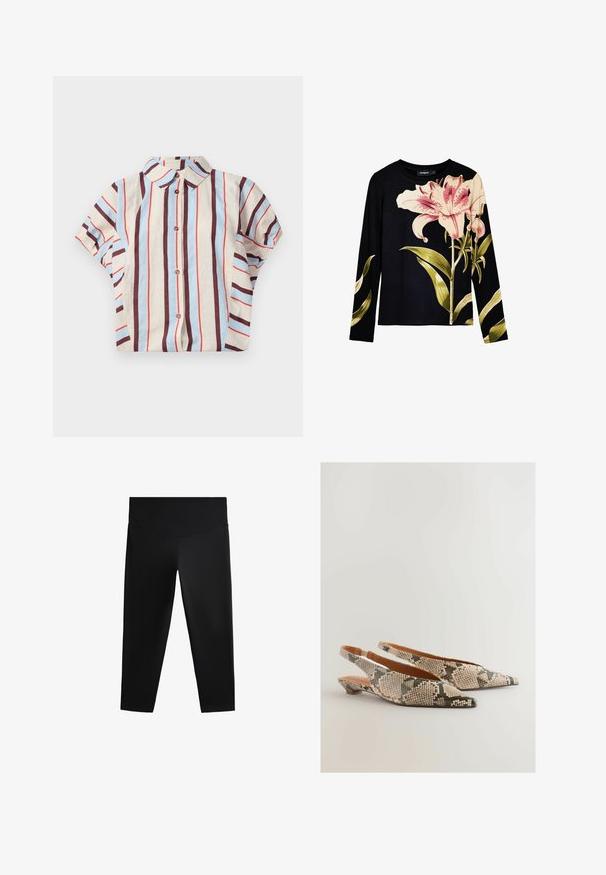 Chemise à col et manches courtes avec des rayures verticales beige, bleues et bordeaux. Comprend une fermeture à boutons sur le devant. Tissu en mélange de coton.; Un haut à manches longues noir avec une texture côtelée, comportant de grandes fleurs de lys roses et des feuilles vertes imprimées sur le devant. Tissu léger.; Leggings de sport noirs avec une taille haute, un tissu lisse et une silhouette ajustée, conçus pour un confort optimal et une liberté de mouvement.; Next REGULAR FIT FOREVER COMFORT POINT TOE - Ballerines à brides arrière - snake