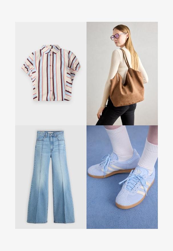 Short-sleeve, collared shirt featuring vertical stripes in beige, blue, and maroon. Includes button closure down the front. Cotton blend fabric.; Light blue high-waisted jeans with wide legs, front and back pockets, belt loops, and vertical seam details on the front.; Light blue suede sneakers with white stripes, flat laces, and a gum rubber sole. Ribbed white socks are worn above the ankle.; Brown suede tote bag with soft texture, large opening, and long straps. Features a simple design with visible stitching and no hardware.