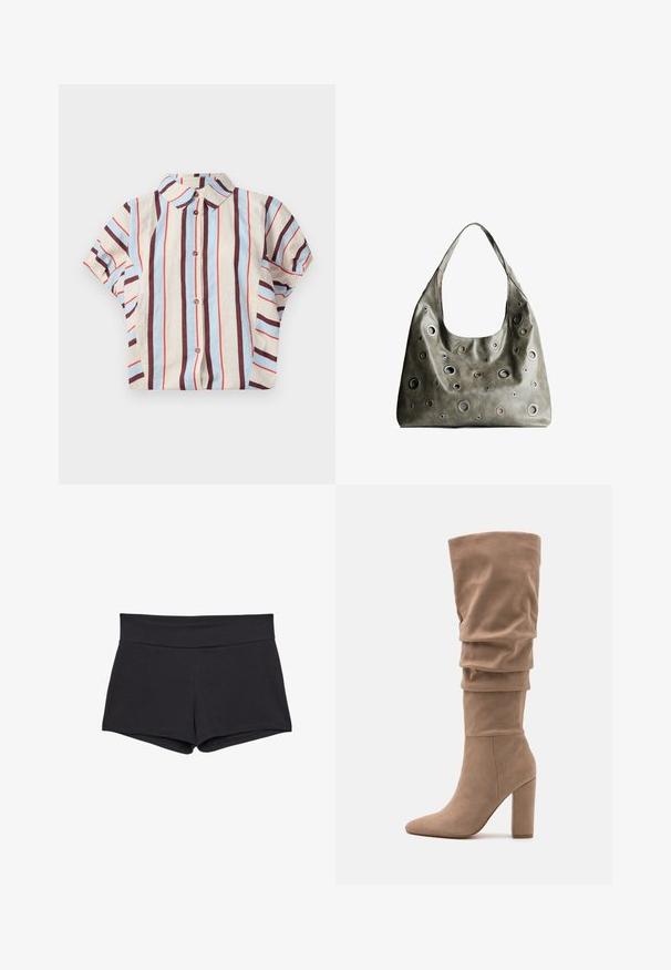 Chemise à col et manches courtes avec des rayures verticales beige, bleues et bordeaux. Comprend une fermeture à boutons sur le devant. Tissu en mélange de coton.; Shorts noirs ajustés avec une large ceinture, fabriqués dans un tissu doux et extensible. Les ourlets sont lisses sans fermetures ni motifs visibles.; Anna Field Bottes - beige; Sac à main en cuir vert olive au design décontracté, avec des découpes circulaires de différentes tailles et des accents dans des teintes plus sombres et plus claires.
