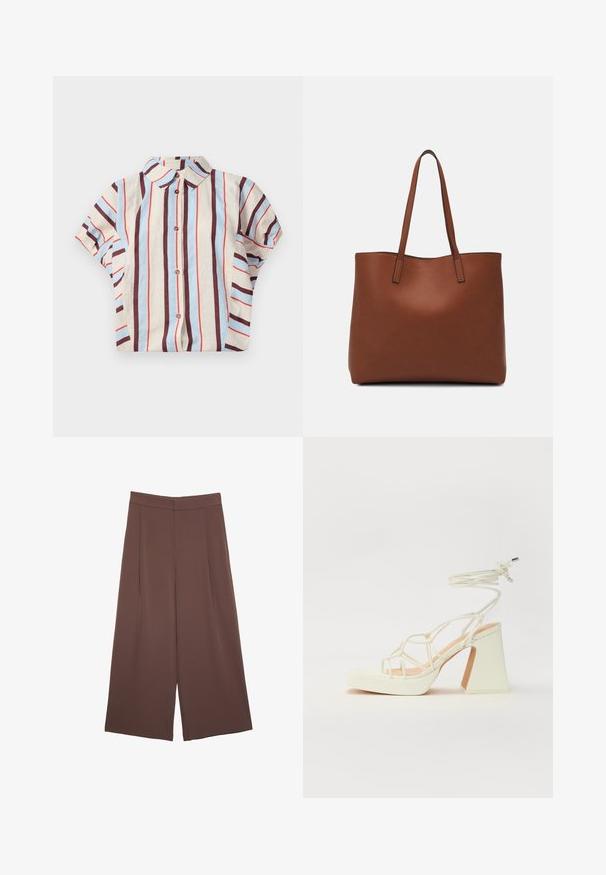Chemise à col et manches courtes avec des rayures verticales beige, bleues et bordeaux. Comprend une fermeture à boutons sur le devant. Tissu en mélange de coton.; Pantalons larges marron avec une texture lisse, dotés d'une taille haute et de plis à l'avant. Le tissu est léger et tombe de manière fluide.; Sandale blanche à talons hauts avec un talon épais, présentant un design à lanières et un lien autour de la cheville. Texture lisse avec une plateforme à l'avant pour une hauteur supplémentaire.; Sac fourre-tout en cuir marron avec une texture lisse, design à ouverture supérieure et deux poignées pour le porter à l'épaule. Présente des coutures minimales et aucun matériel visible.