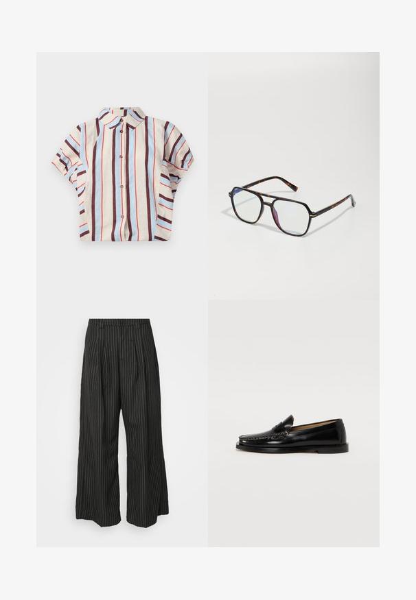 Trumpu rankoviu, su apykakle marškiniai, puošiami vertikaliomis juostelėmis smėlio, mėlynos ir raudonos spalvų. Pridedami mygtukų uždarymai priekyje. Pagaminta iš medvilnės mišinio.; Juodos dryžuotos plačios kojos kelnės su klostėmis, turinčios pritaikytą dizainą ir minkštą tekstūrą. Nėra matomų metalinių detalių ar akcentų.; Juodi odiniai loaferiai su apvaliu pirštu, dekoratyviniu siuvinėjimu ir plokščiu padu. Glotnus paviršius ir minimalistinis dizainas.; Kiautienės rašto akiniai nuo saulės keturkampio formos, su skaidriais lęšiais ir plonomis metalinėmis detalėmis rėme.