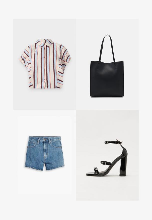 Lyhythihainen, kauluksellinen paita, jossa on pystysuoria raitoja vaaleanbeigessä, sinisessä ja viininpunaisessa. Edessä napitus.; Vaaleansiniset farkkushortsit, joissa on viisi taskua, vetoketjukiinnitys ja nappisulku. Helmassa on revitty viimeistely ja rento istuvuus.; Musta kiiltävä korkokenkä sandaalit neliönmuotoisella varpaalla, nilkkaremmillä ja hopeisilla soljilla. Varustettu tukevalla lohkokorkealla vakauden takaamiseksi.; Mustapahkainen kangaskassi, jossa on sileä pinta, suorakaiteen muotoinen ja kaksi pitkää kahvaa. Ei näkyvää metalliosaa tai koristeita.