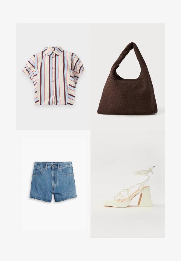 Košulja kratkih rukava s ovratnikom koja ima vertikalne pruge u bež, plavoj i bordo boji. Ima kopčanje dugmetima sprijeda. Tkanina od mješavine pamuka.; Traper šorts u svijetloplavoj boji, sa pet džepova, rajsferšlusom i kopčanjem na dugme. Rubovi su pohabani, a dizajn je opušten.; Bijela sandala na visokoj potpetici s debelim petom, s remenom i vezanjem oko gležnja. Glatka tekstura s platformom sprijeda za dodatnu visinu.; Smeđena torba od tkanine s opuštenim oblikom, jednim ručkom u obliku petlje i teksturiranom površinom. Dizajn sadrži hobo stil bez dodatne opreme.