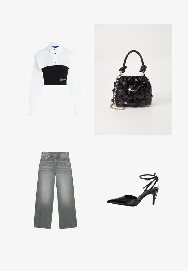 Kortärmad skjorta med vit krage och svart åtsittande nederdel, med knapprad och "KARL LAGERFELD JEANS"-logotyp framtill.; Breda ben, grå denimjeans med en något blekt yta, femficksdesign och klassisk knapp- och dragkedjestängning.; Svart spetsig högklackad sko med utskärningsdesign och justerbar ankelrem. Sko har en slät, glänsande yta och smal klack.; Svart paljett mini-handväska med en knuten texturerad rem och silverkedja. Rund form med samlad topp och reflekterande detaljer.