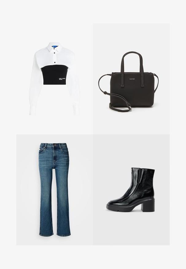 Cropped shirt featuring a white collared top and black fitted bottom, with button detailing and "KARL LAGERFELD JEANS" logo on the front.; High-waisted blue jeans made of denim, featuring a straight leg design, subtle fading, and a standard button and zipper closure.; Black patent leather ankle boots with a curved toe, elastic side panels, and a chunky block heel. Features embossed logo on the back.; Black handbag with dual short handles and a removable shoulder strap. Smooth leather-like material with a zip closure and logo detail.