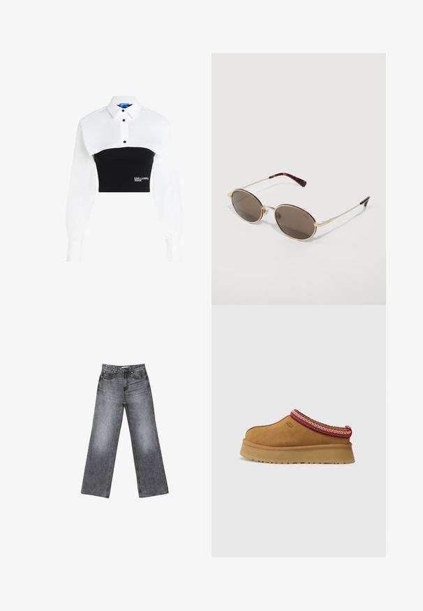Cropped shirt featuring a white collared top and black fitted bottom, with button detailing and "KARL LAGERFELD JEANS" logo on the front.; Wide-leg dark gray denim jeans with a faded finish, five pockets, a button closure, and subtle stitching details along the seams.; Brown suede slip-on shoe with red and cream patterned trim, textured sole, and UGG logo on side. Features a slight platform height.; Sunglasses with oval brown lenses, gold metal frame, and multicolored floral accents on the brow and arms, featuring a tortoiseshell tip.