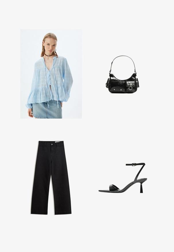 Blusa di cotone azzurro chiaro con motivo a quadri, scollo a v, chiusura a bottoni e design a peplo. Presenta maniche lunghe e dettagli con coulisse.; Pantaloni in denim neri a gamba larga con vita alta, dotati di tasche anteriori e posteriori, cuciture a punto, e chiusura con bottone. Texture liscia.; Bershka Sandali con tacco - black; Borsa a spalla in vernice nera con forma curvata, una tracolla, tasche frontali e dettagli in metallo argentato.