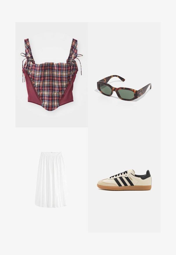 Top corto a scacchi con pannelli bordeaux, spalline regolabili con laccetto e texture a quadri. Presenta un piccolo logo al centro frontale.; Gonna bianca lungo fino al ginocchio realizzata in tessuto leggero. Presenta un elastico in vita per una vestibilità regolabile e una morbida caduta.; Scarpa sportiva beige con strisce nere, suola in gomma naturale e dettagli neri. Presenta una tomaia in pelle liscia e un design a punta arrotondata.; Occhiali da sole tartarugati con lenti verdi rettangolari, montatura ampia e stanghette spesse. Presentano un design elegante e una superficie in plastica liscia.